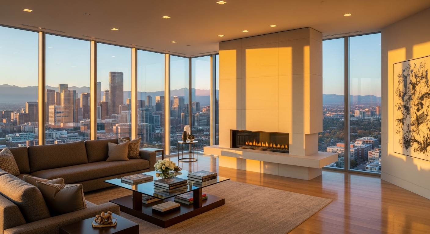 Luxury modern Denver high-rise condominium interior with panoramic city skyline and Rocky Mountain views at golden hour